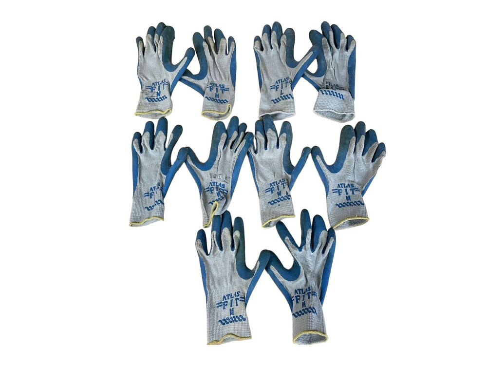 Lot of 5 Pair Atlas Fit Work Gloves - Gray Knit with Blue Rubber Coating
